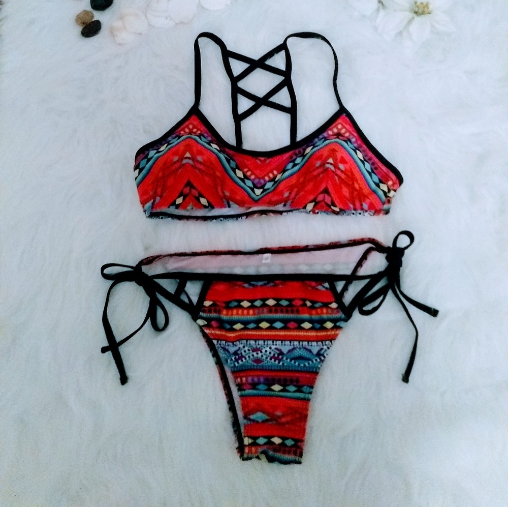 Multicolored tribal print bikini set